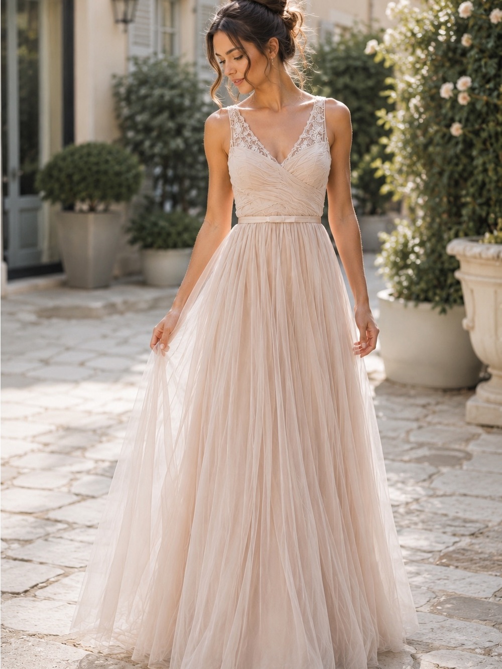 Blush Tulle Lace Maxi Gown Bridesmaid Formal Dress Size 4.